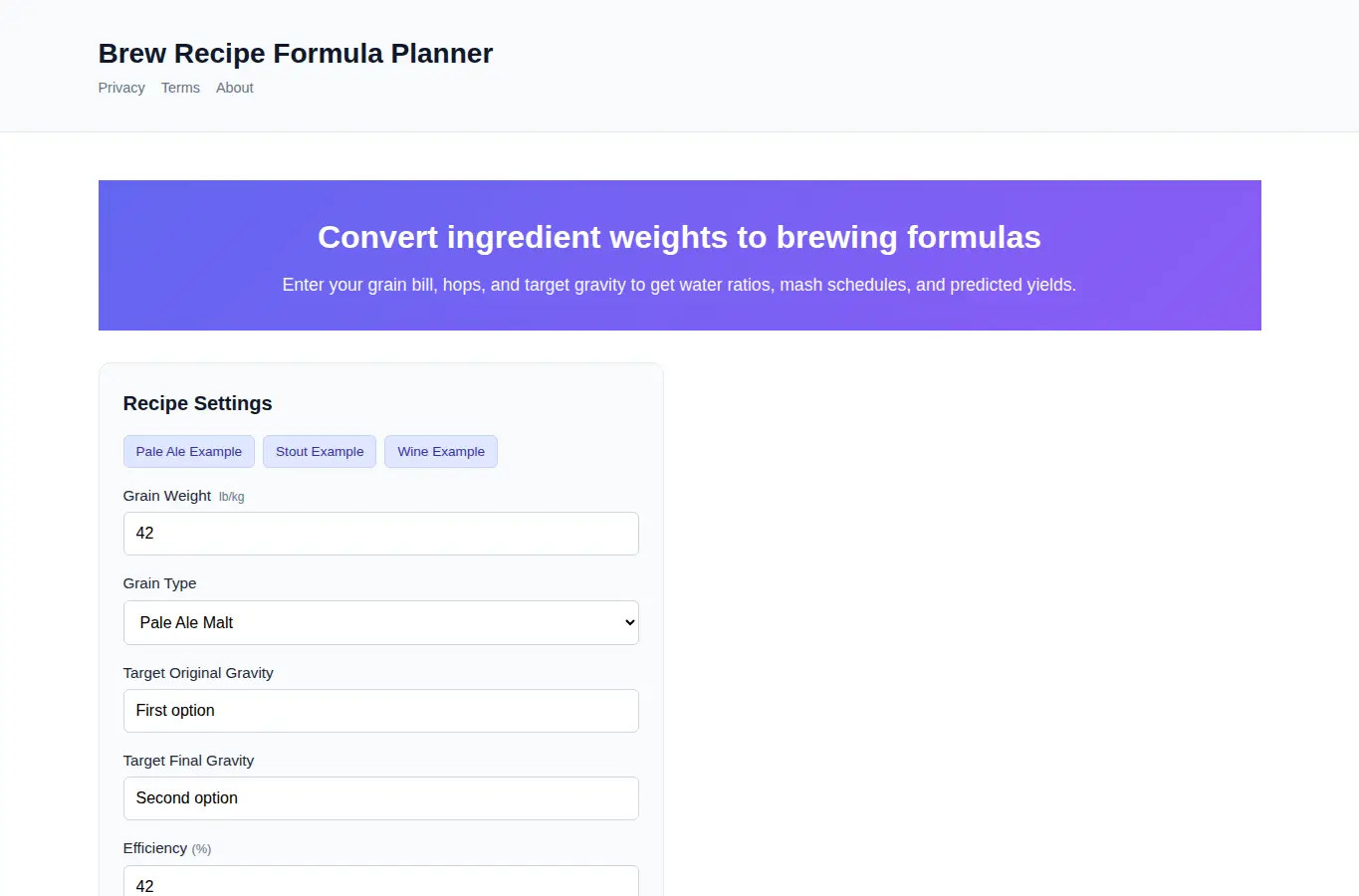 Screenshot of Brew Recipe Formula Planner interface showing the project page in use